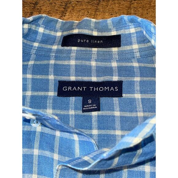 Mens Grant Thomas Pure Linen Light Blue White Checker Print Button Down Shirt‎ S - Picture 5 of 6